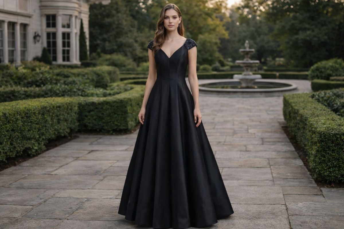 Black A-line satin evening gown in formal garden setting