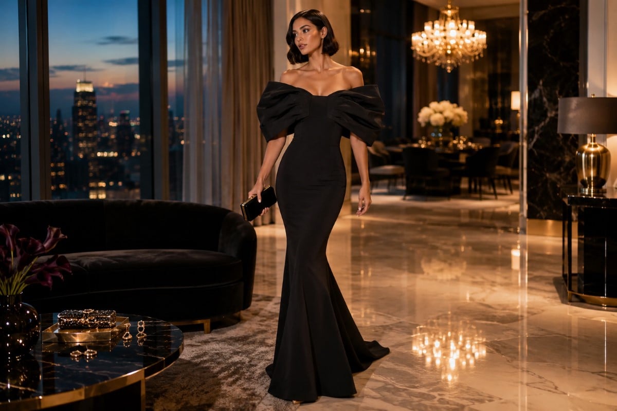 Black architectural mermaid gown in cinematic gala lounge