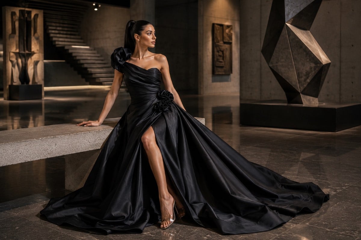 Black architectural satin gown with sculptural draping