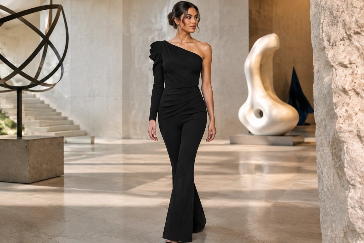 Black asymmetric fitted jumpsuit editorial style