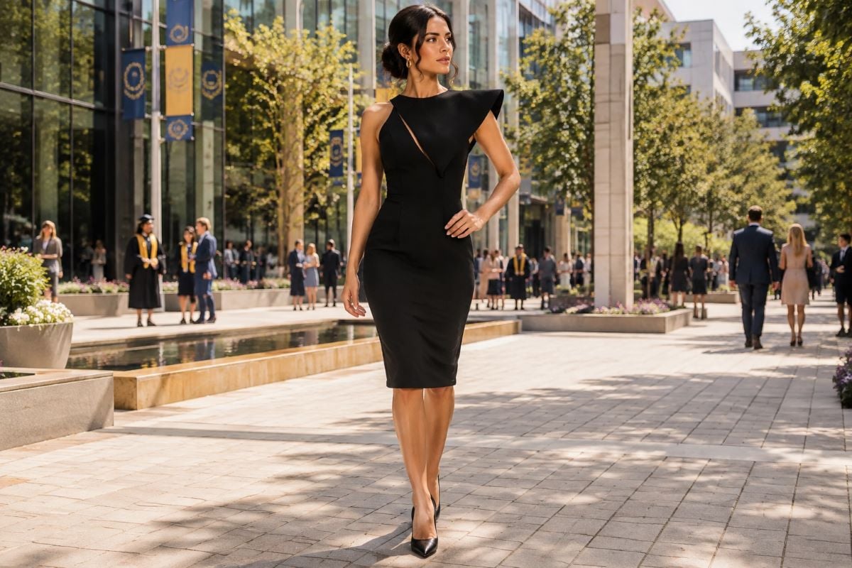 Black asymmetric graduation guest dress