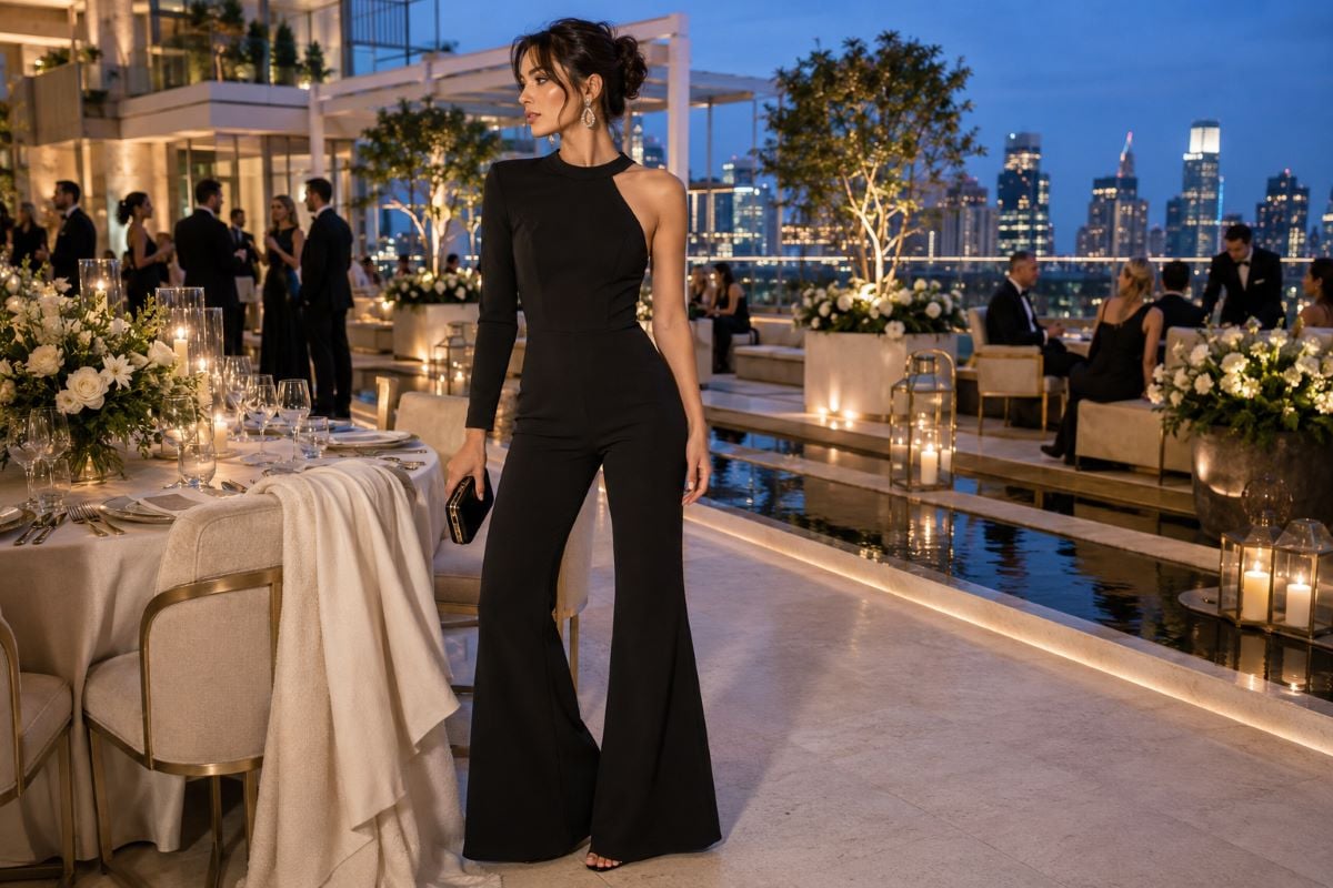Black asymmetric jumpsuit styled for black tie