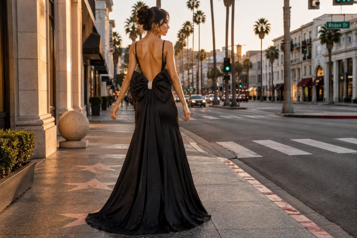 Black backless bow gown fashion editorial