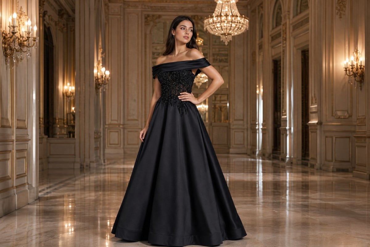 Black off-shoulder ball gown for a formal birthday gala