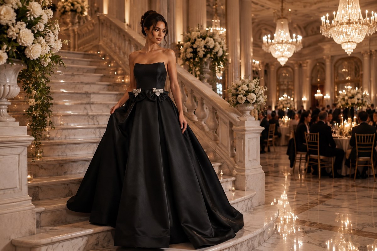 Black ball gown at sorority formal