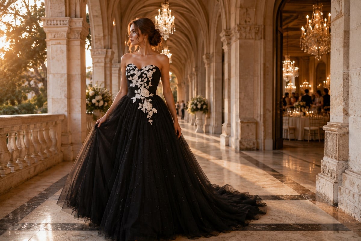 Black floral ball gown wedding guest