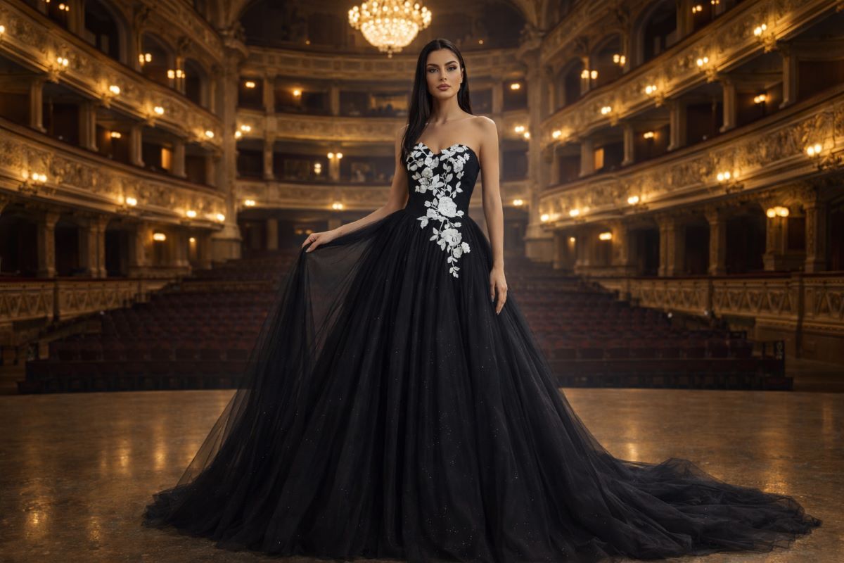 Black ball gown with white floral appliqué