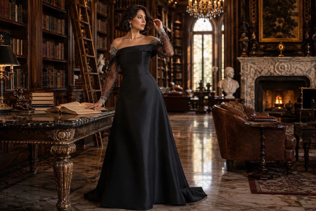 Black beaded sleeve mother gown