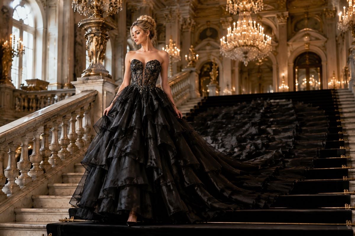 Black ball gown with dramatic cathedral train