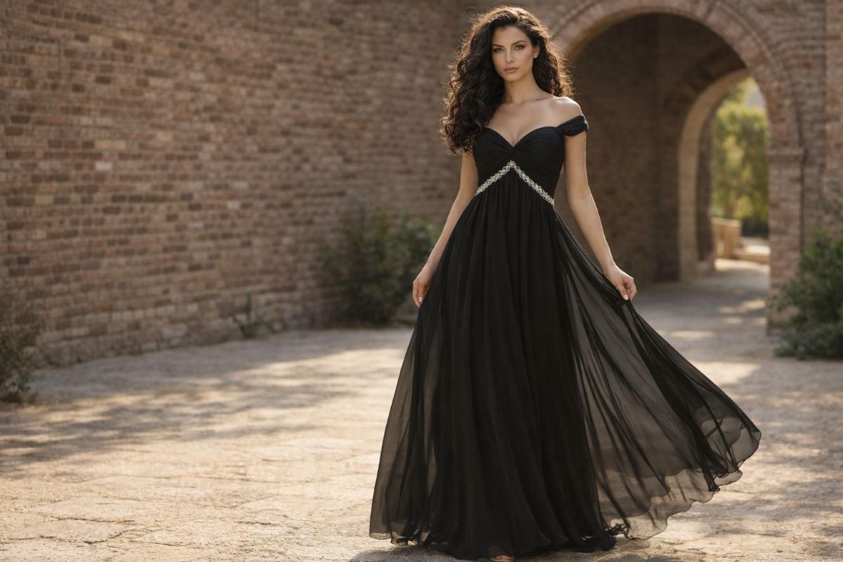 black chiffon A-line evening gown