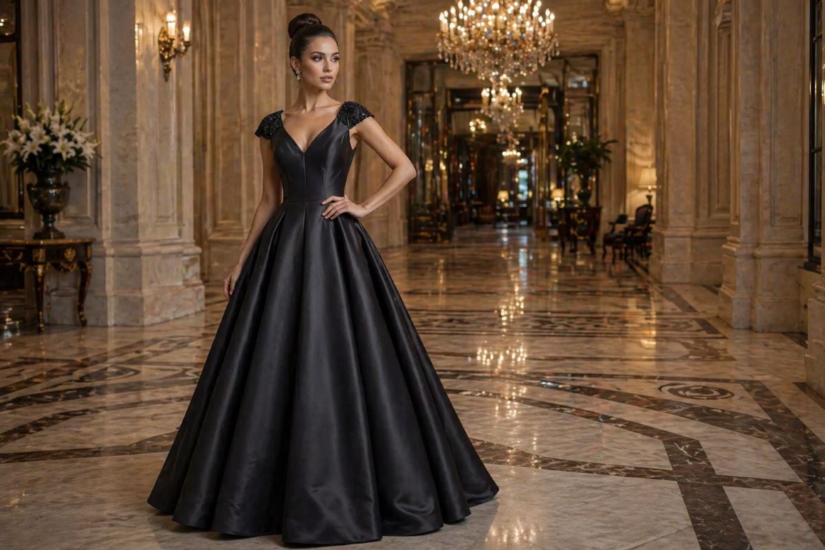 black satin A-line evening gown with cap sleeves