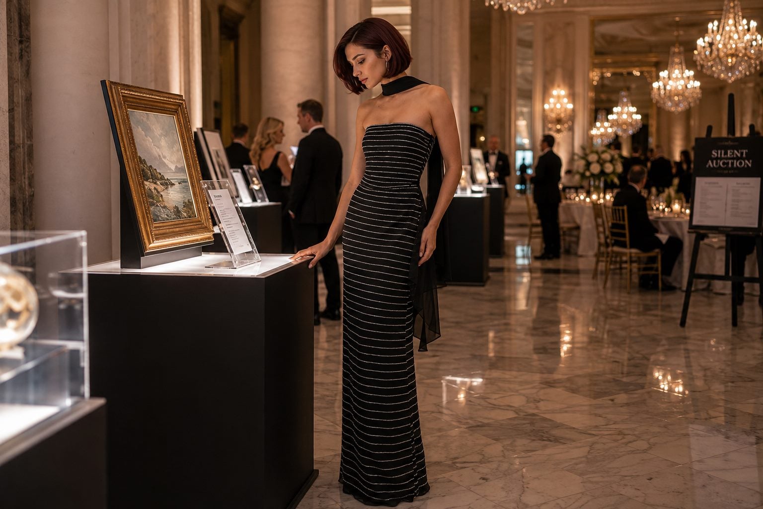 Black column gown at silent charity auction