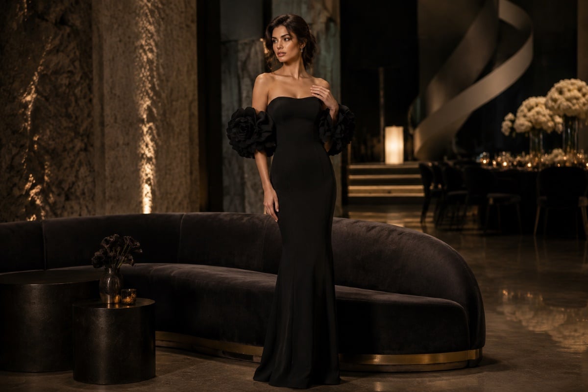 Black column dress sculptural sleeve editorial look