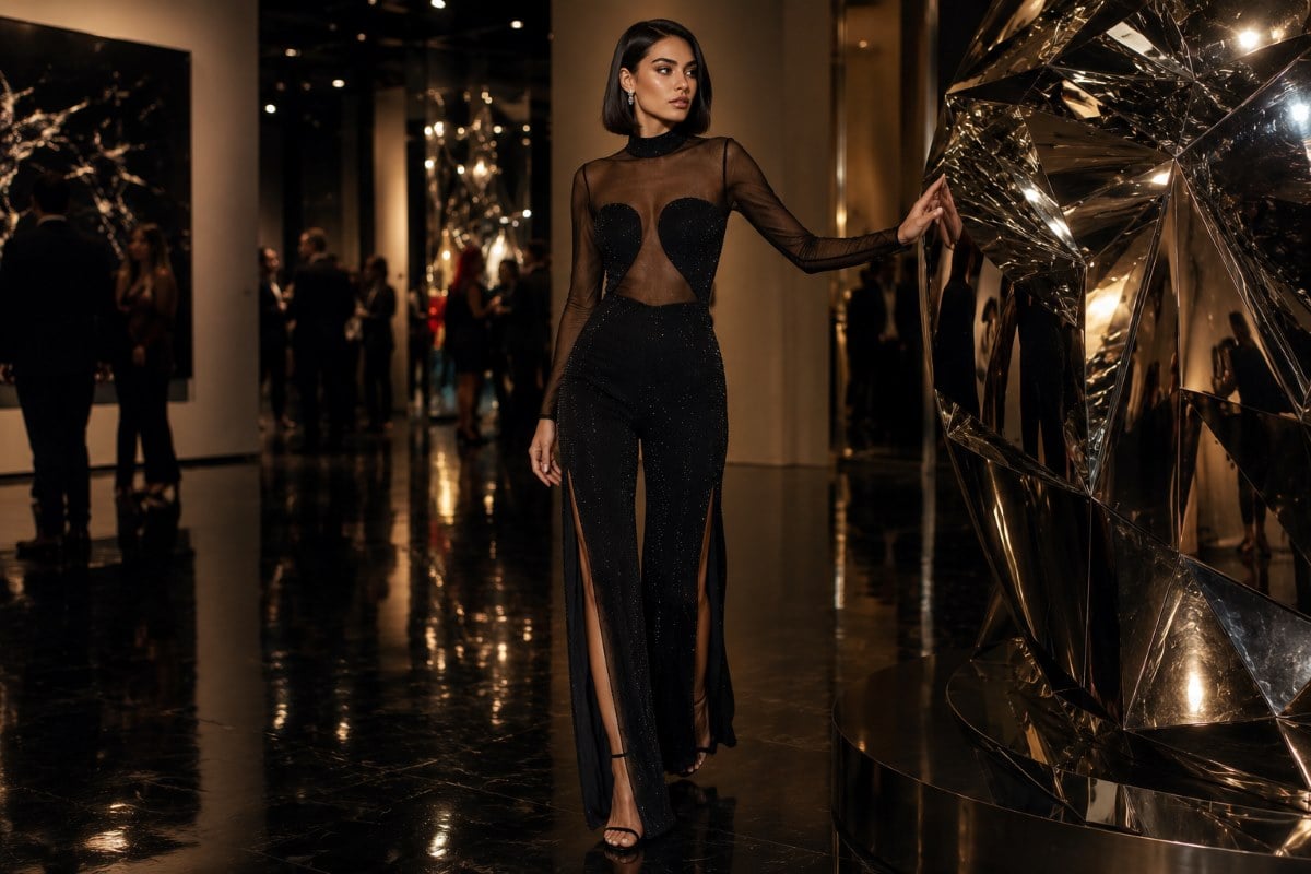 Black contemporary jumpsuit at modern gallery opening