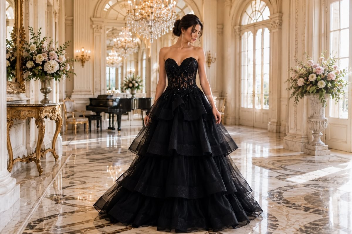 Black corset back ball gown editorial