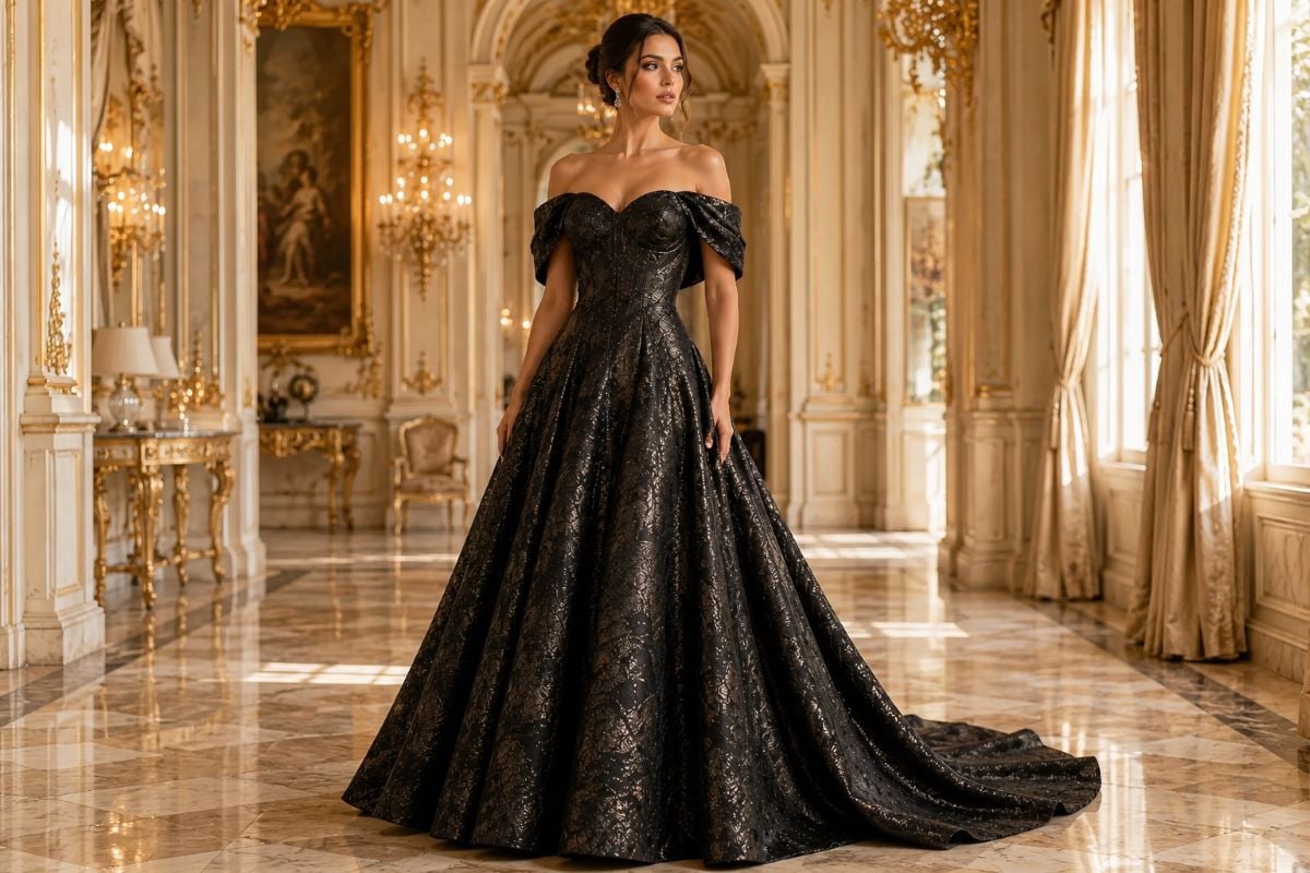 Black off shoulder corset ball gown with dramatic silhouette