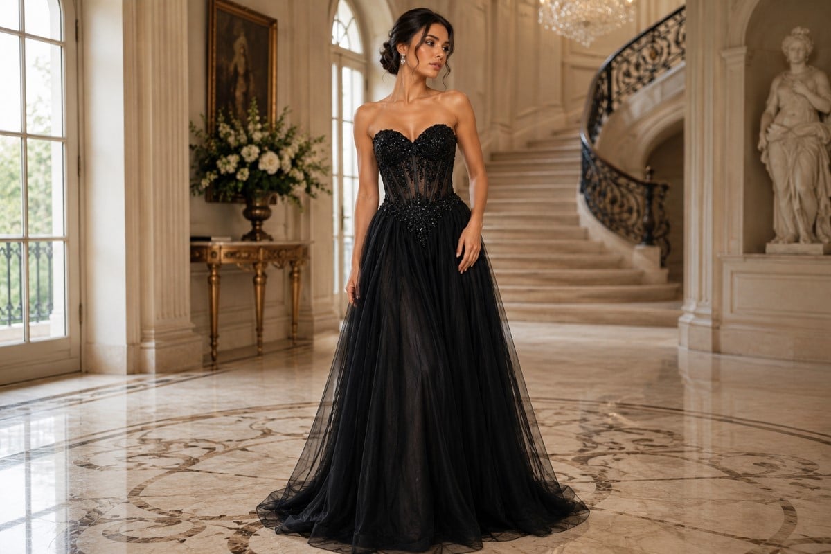 Black corset ball gown with sheer embellished bodice