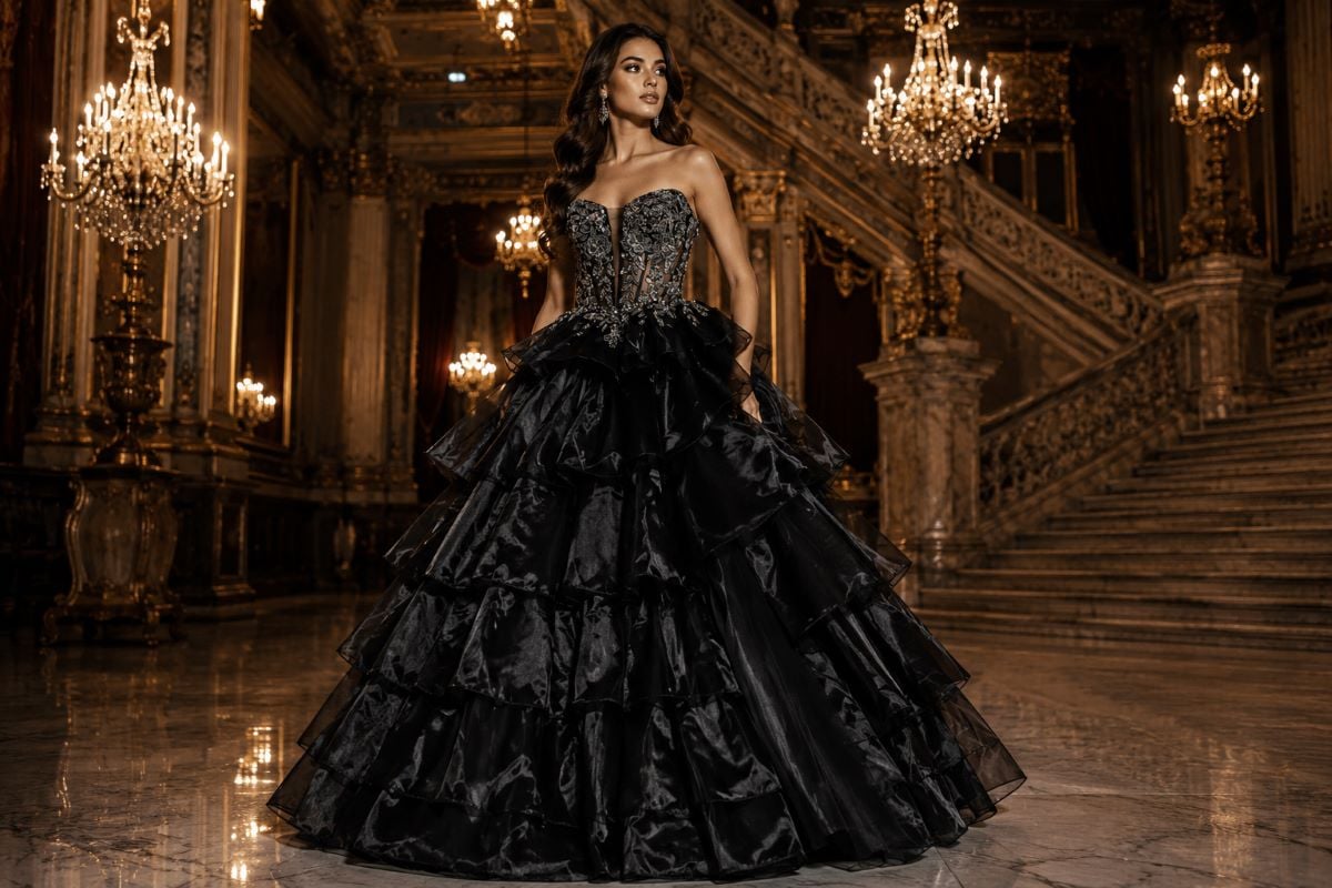 Black couture ball gown with tiered organza ruffle skirt