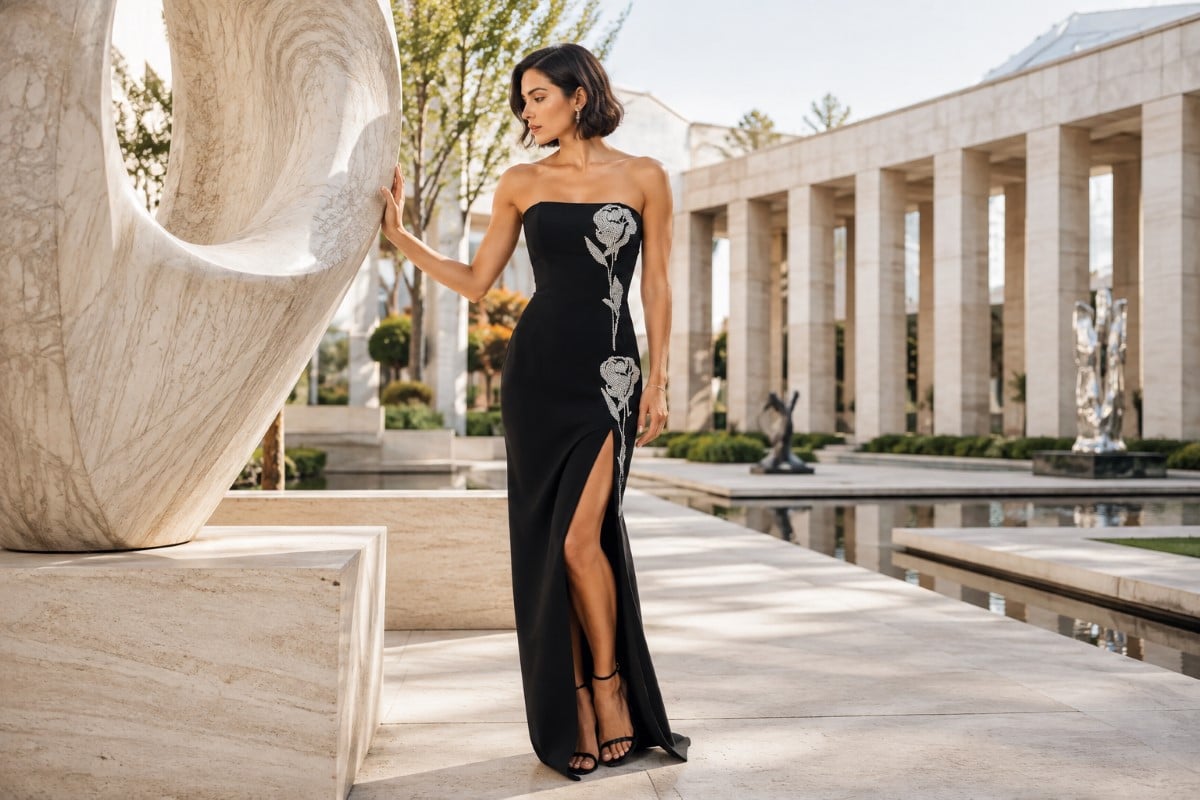 Black crepe sheath evening gown editorial