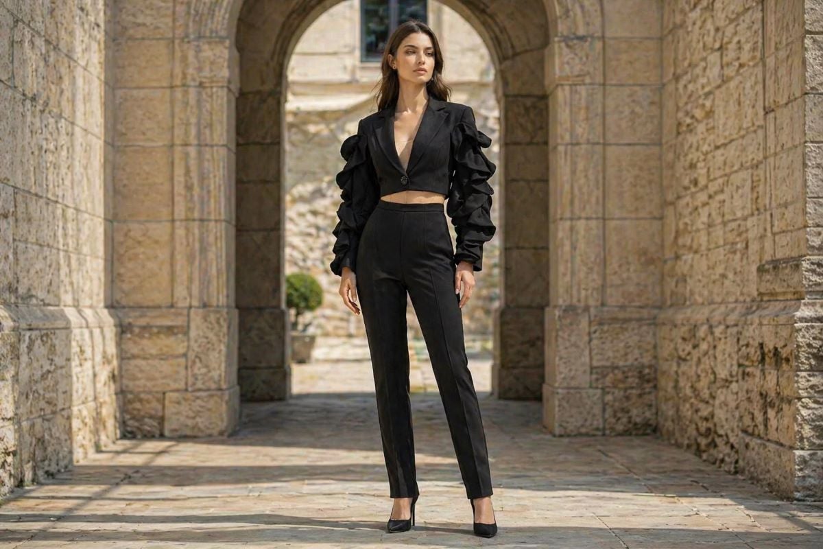 black cropped blazer and fitted pants with ruffled sleeves