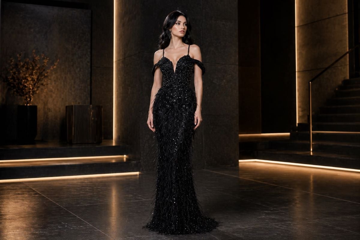 Black deep V-neck beaded evening gown with feather texture