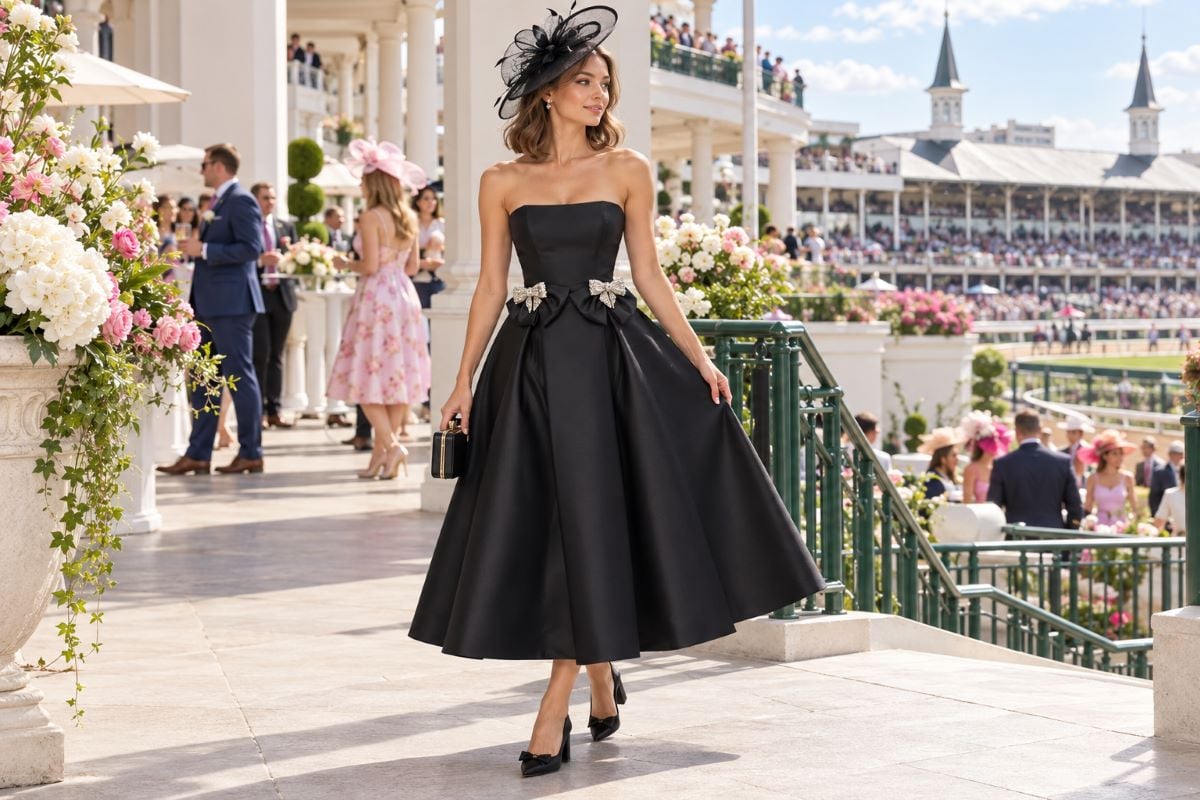 Black Derby midi dress with structured bows