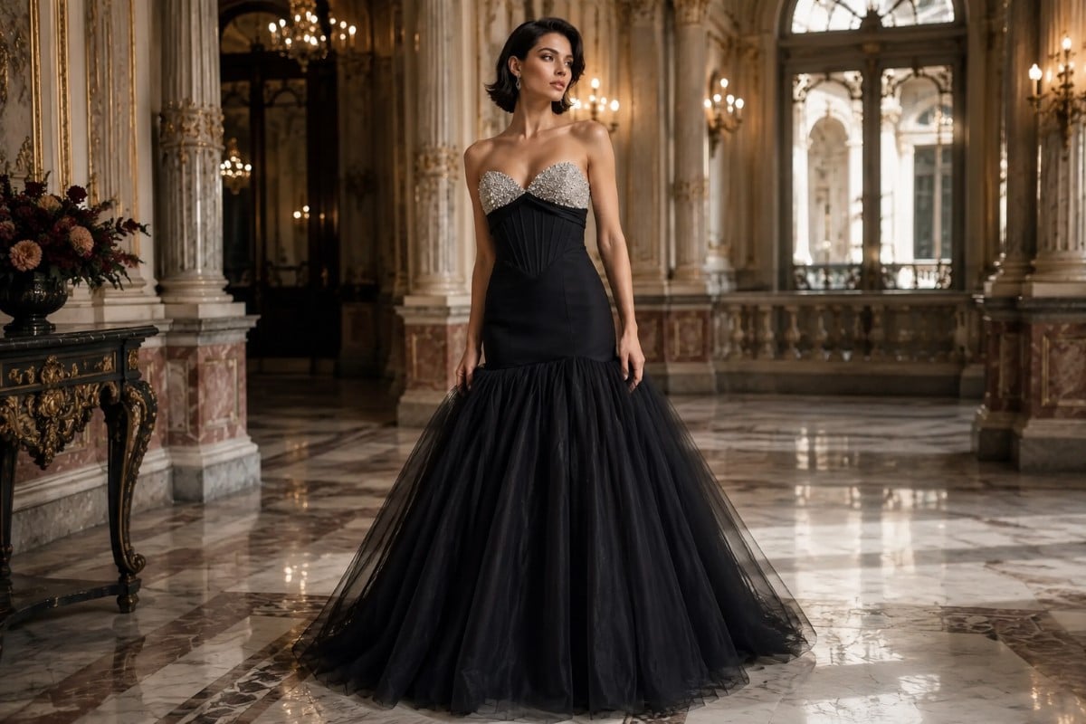 Black drop waist gown editorial fashion look