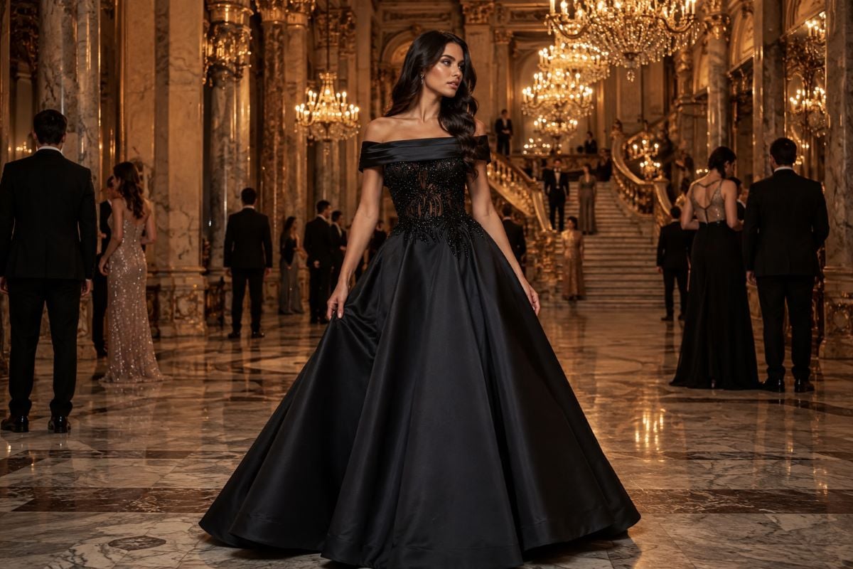 Black embellished ball gown at luxury gala