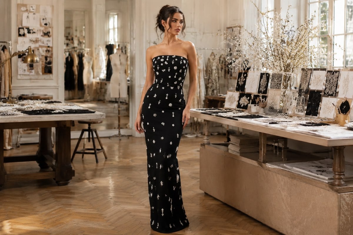 Black embellished couture gown editorial