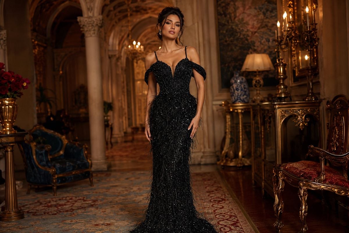 Black floor-length gown with tulle shoulder ruffles in luxury interior