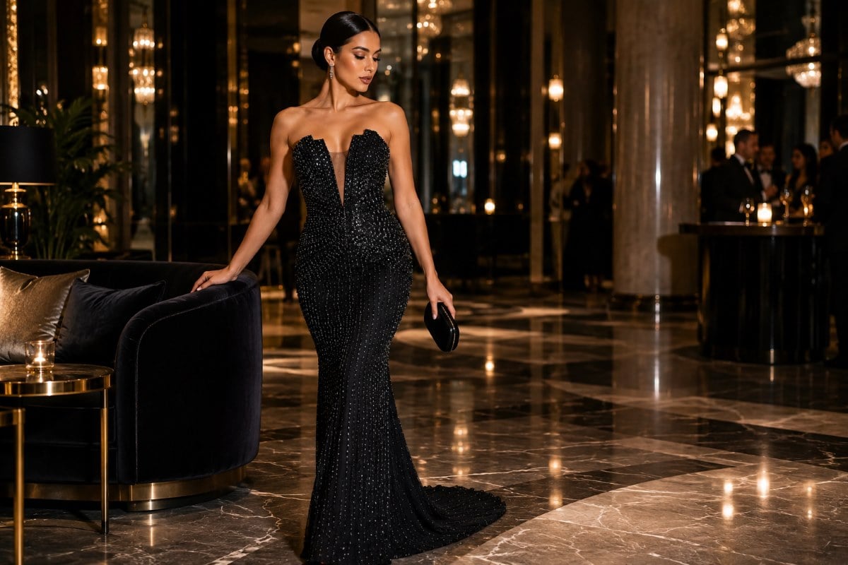 Black embellished evening gown with sleek satin clutch