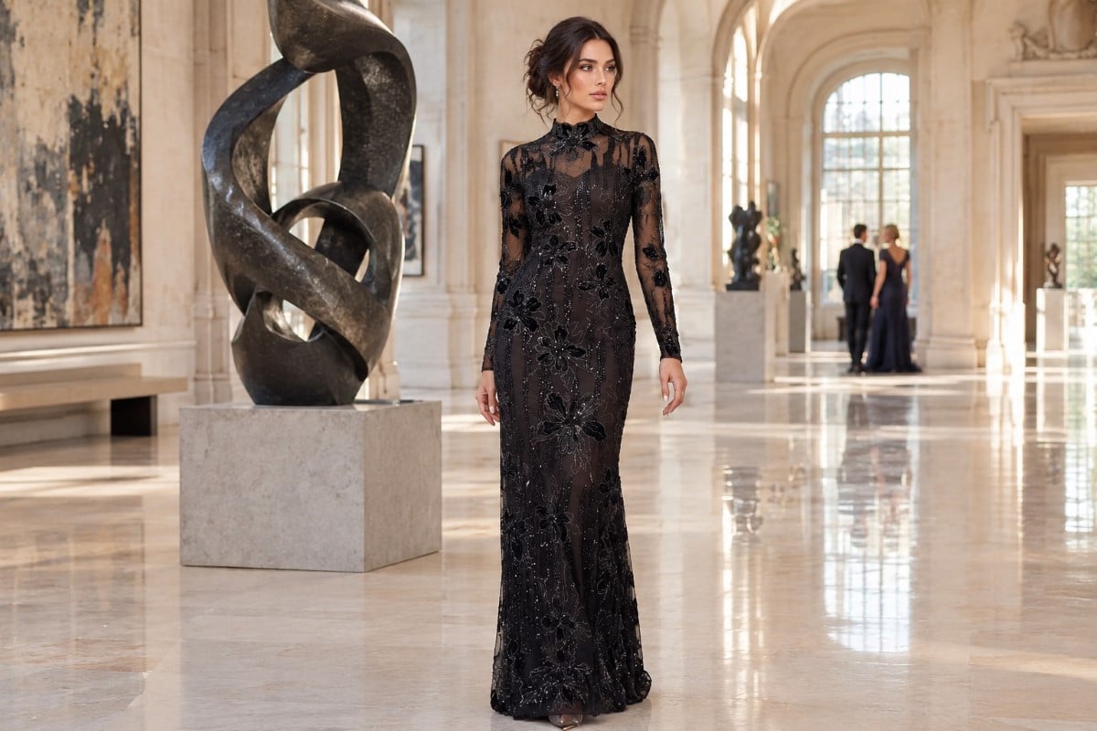 Black embellished long sleeve mother gown
