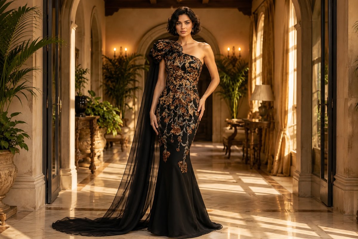 Black asymmetrical mermaid evening gown in manor