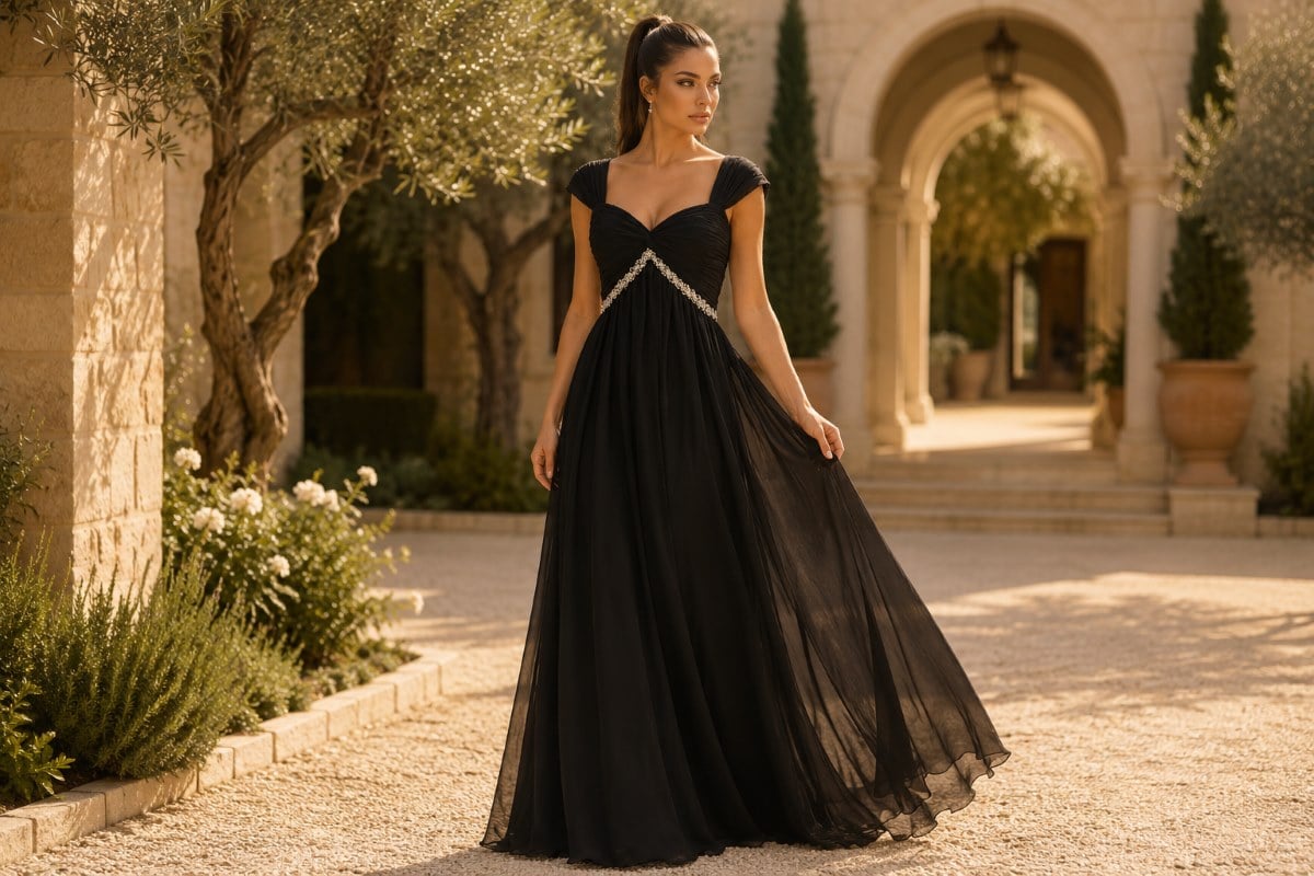 Black empire waist gown with chiffon