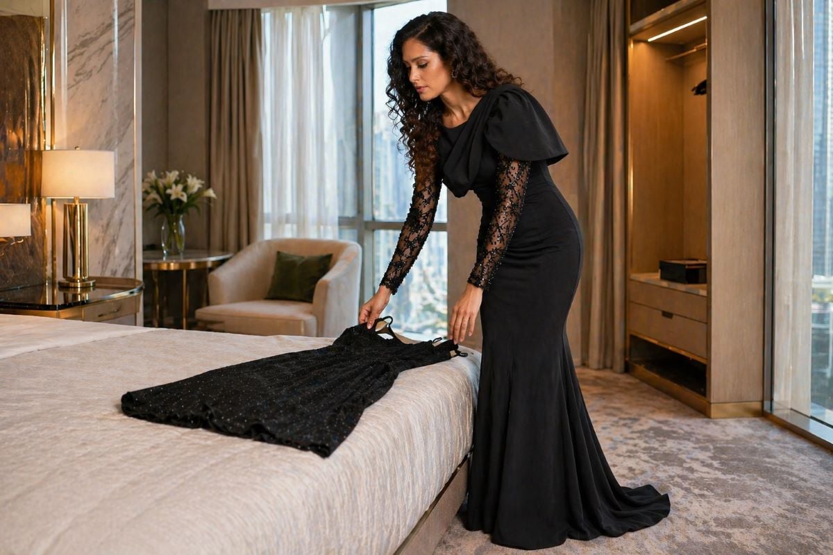 black evening gown with garment bag travel
