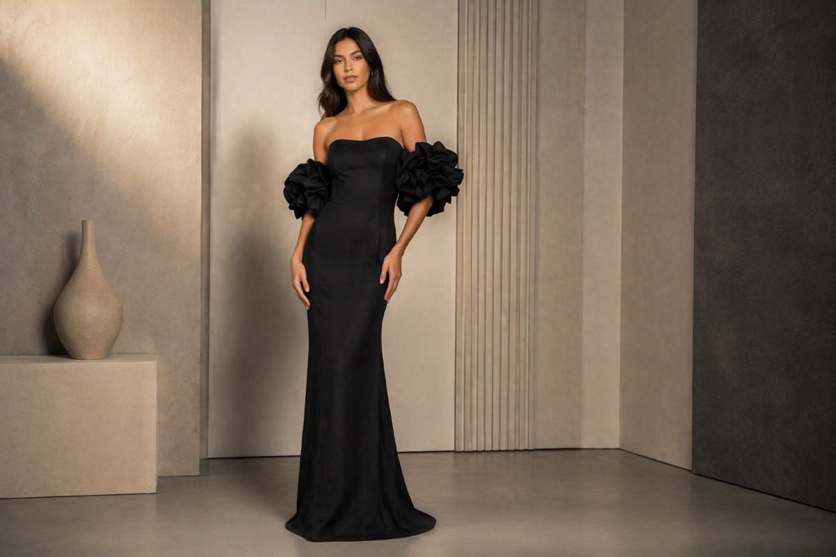 black structured evening gown silhouette