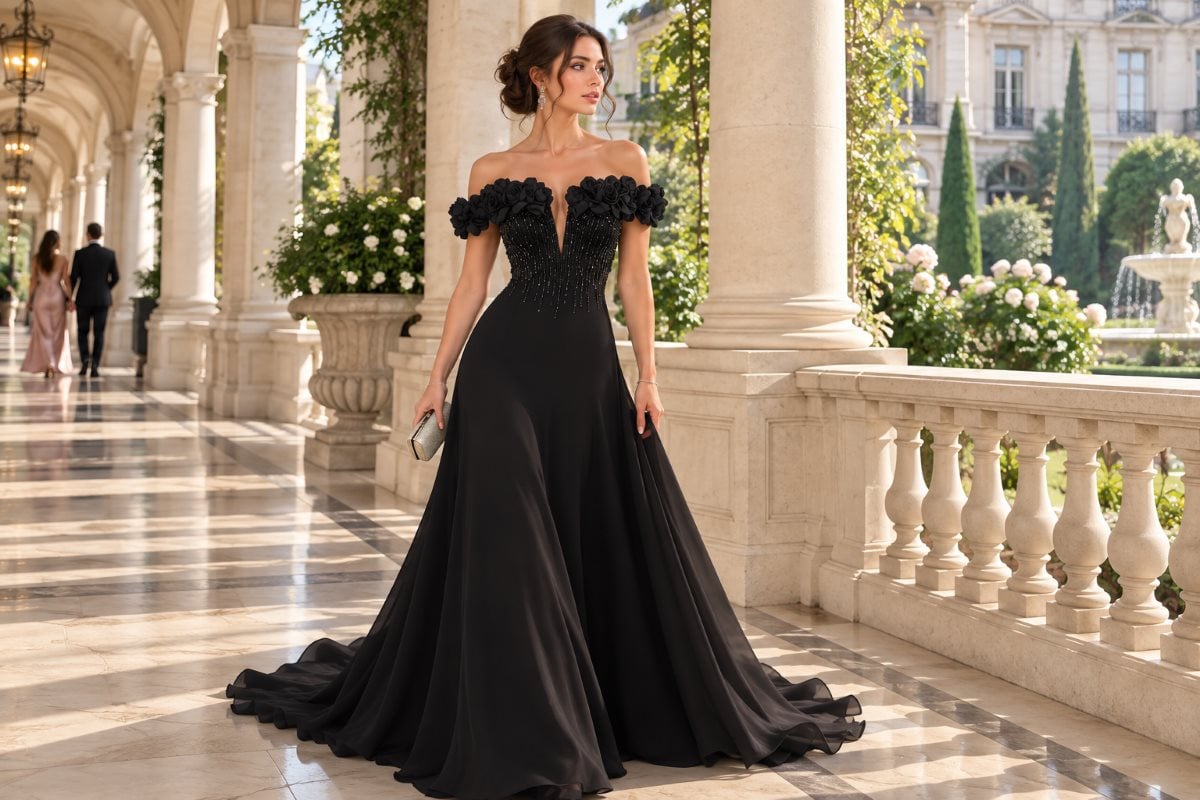 Black fit flare hourglass prom dress