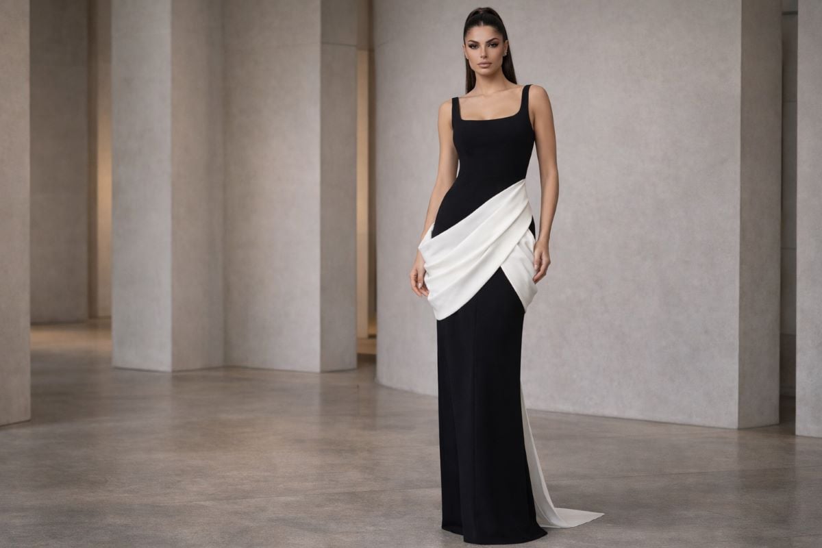 Black floor-length evening gown with white draped detail and square neckline