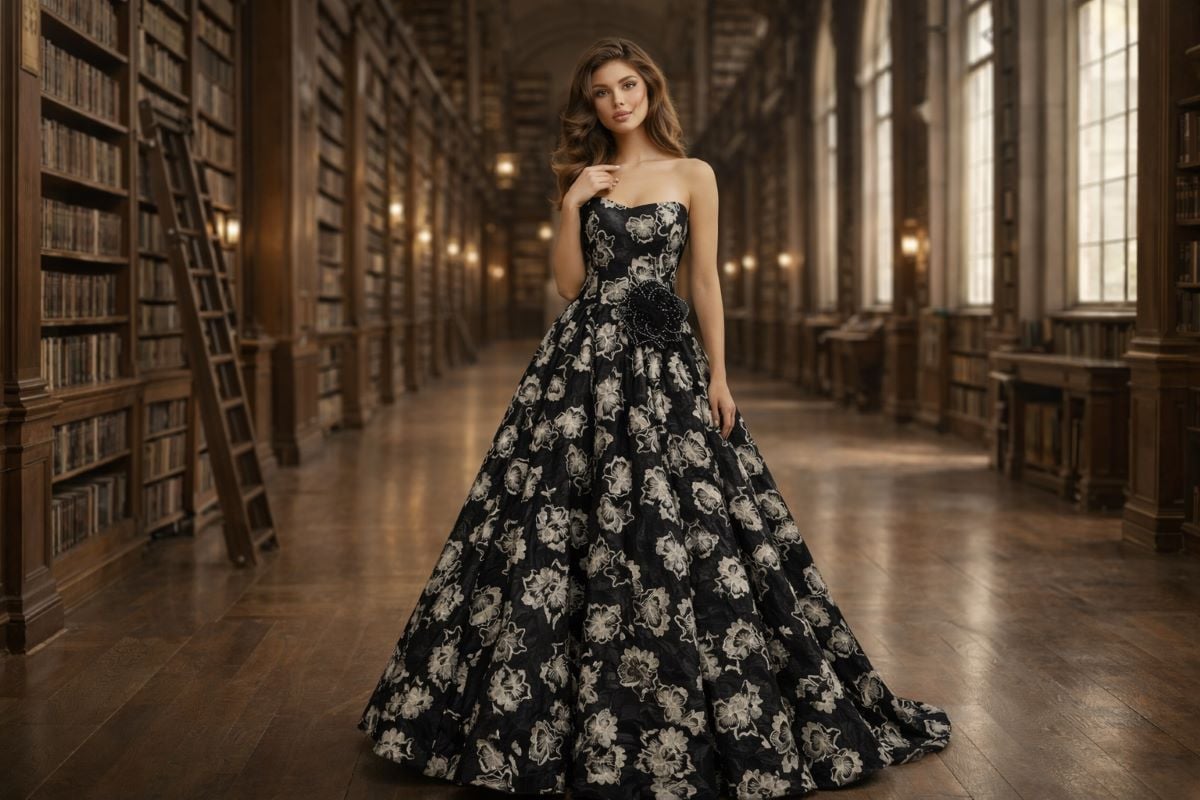 black floral strapless ball gown with full skirt and waist appliqué