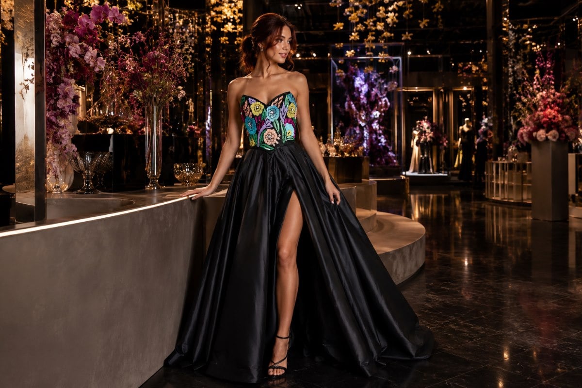 Black floral bodice couture prom gown