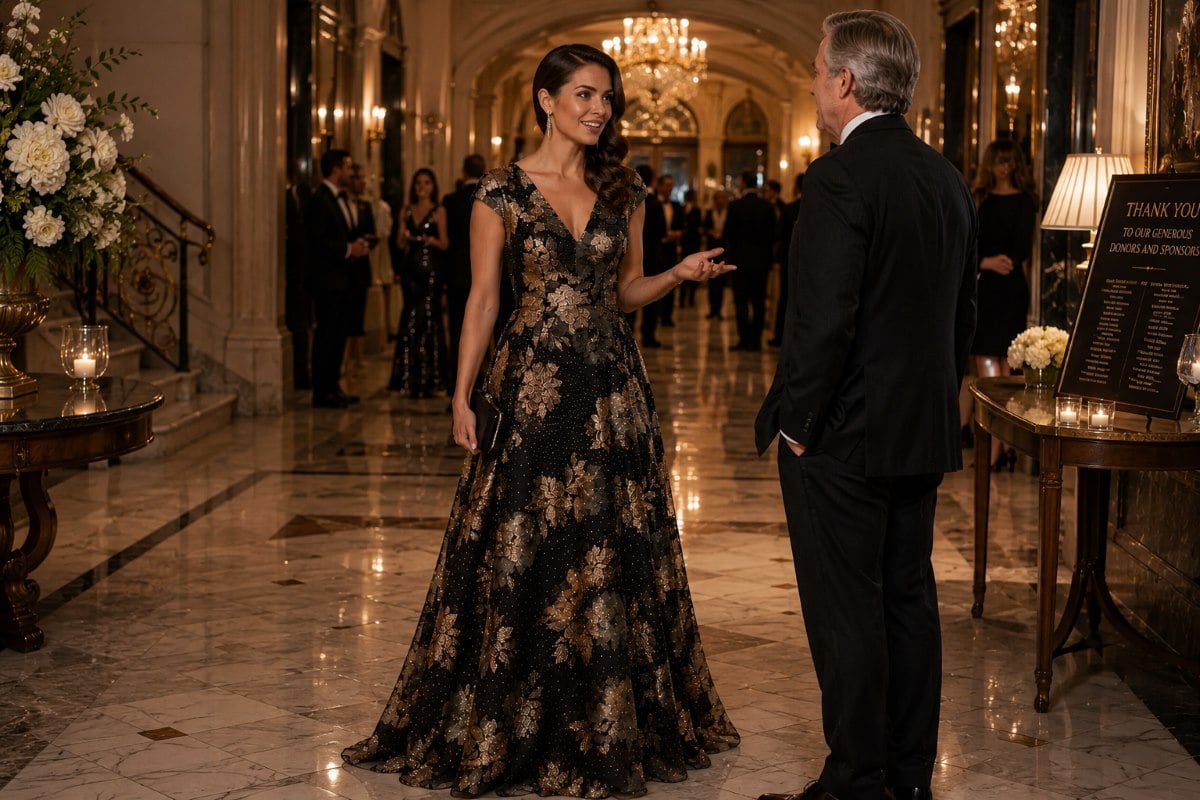 Black floral evening gown at charity gala