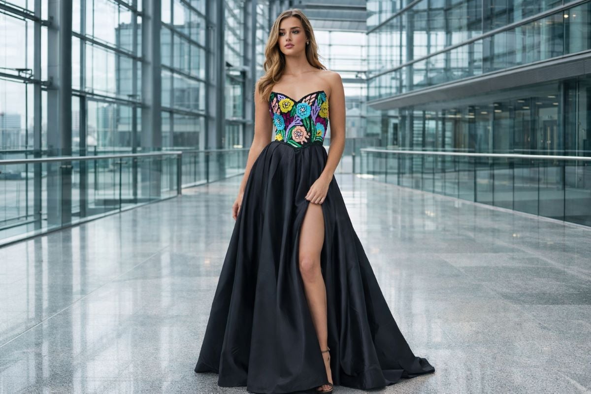 Black prom dress with floral embroidered corset bodice