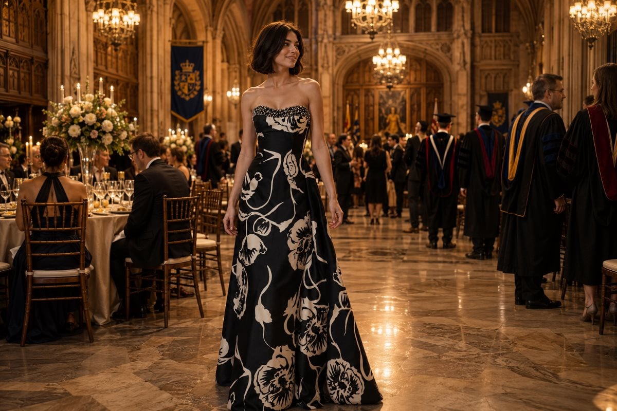 Black floral doctoral reception evening gown