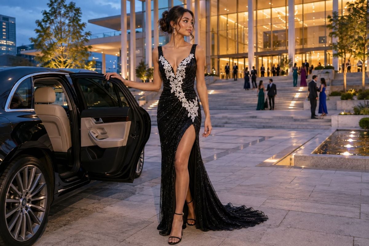 Black floral embellished V-neck prom gown