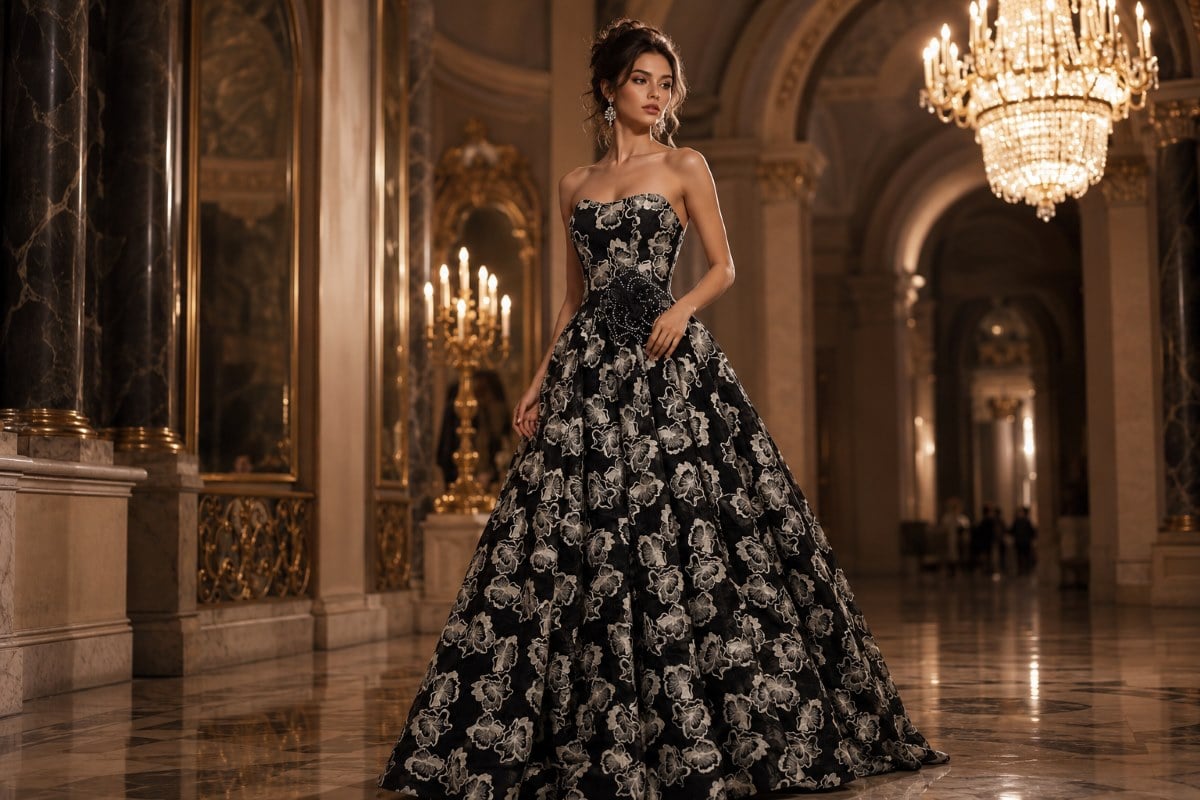 Black floral jacquard gala ball gown
