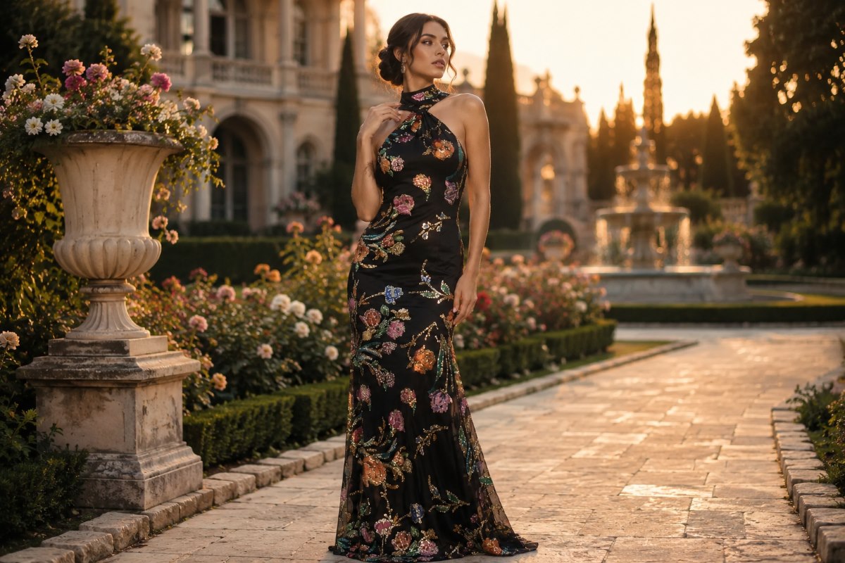 Black floral halter gown flattering silhouette