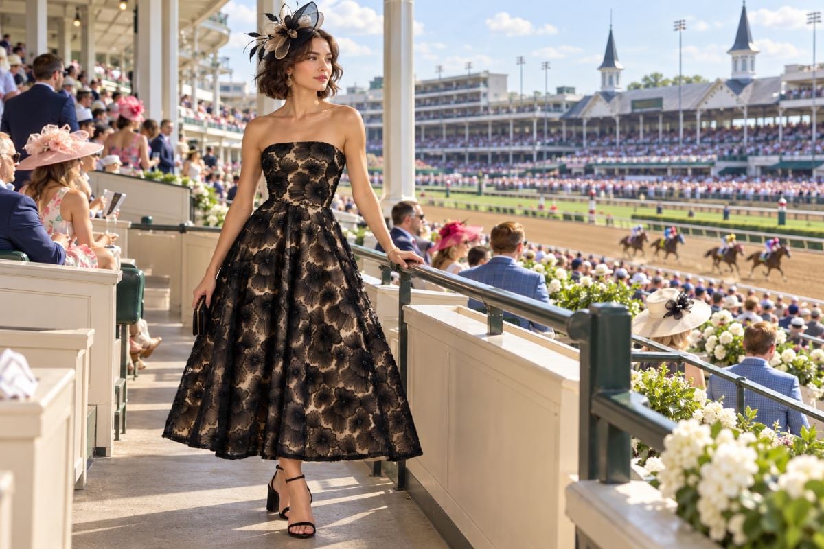 Black floral Kentucky Derby reserved seating dress