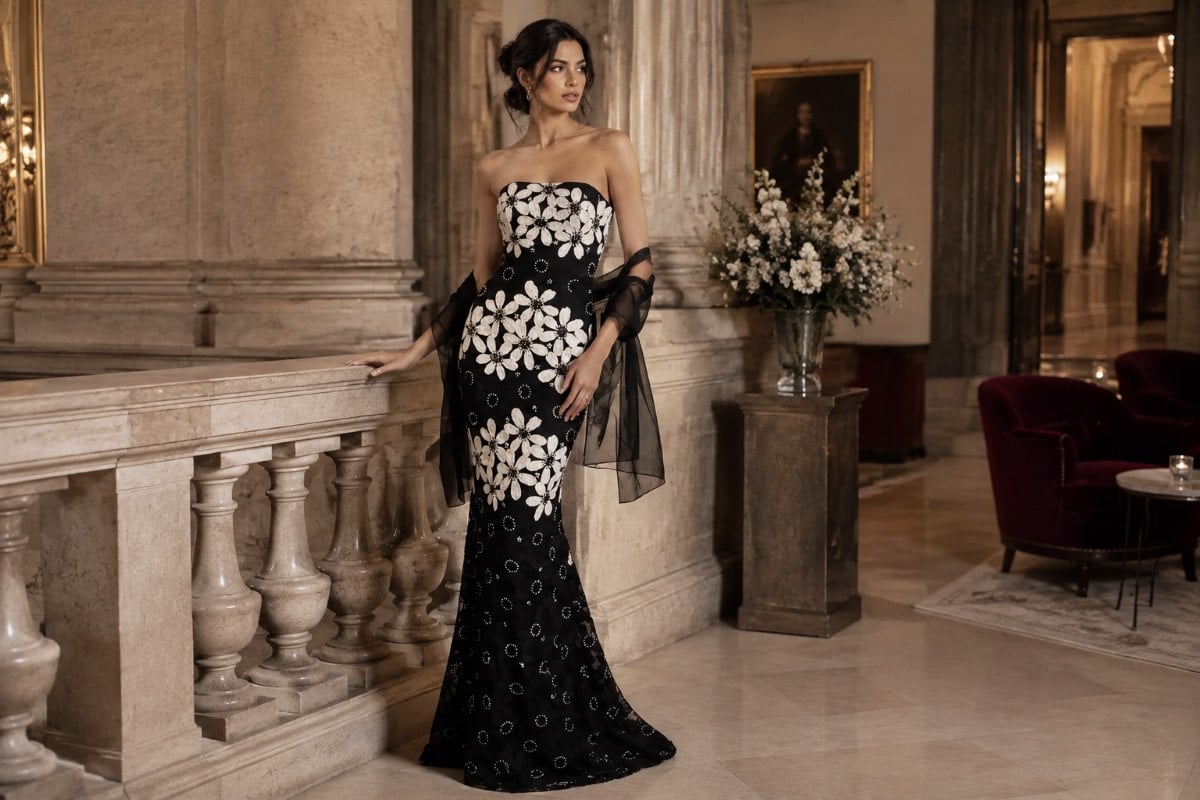 Black floral lace semi formal gown