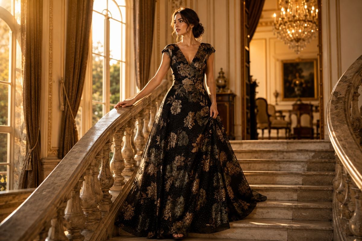 Black floral metallic A-line evening gown