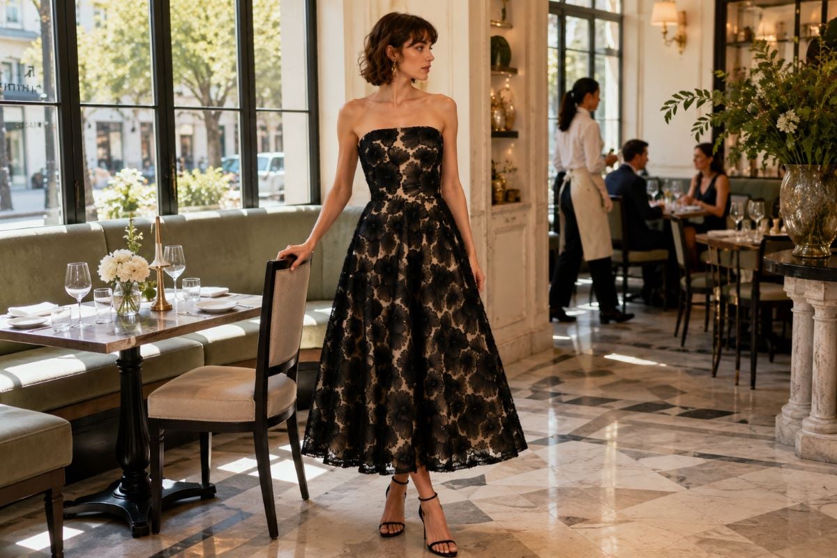 Black floral restaurant rehearsal dinner dress